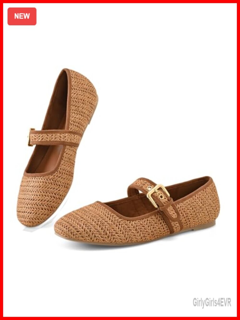 Woven Raffia Ballet Flats Round Toe Mary Jane Shoes with Buckle Strap - Picture 4 of 6